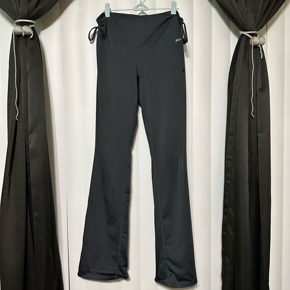 FILA dark gray yoga pants , flared bottoms, side drawstrings to cinch waist - Picture 1 of 8